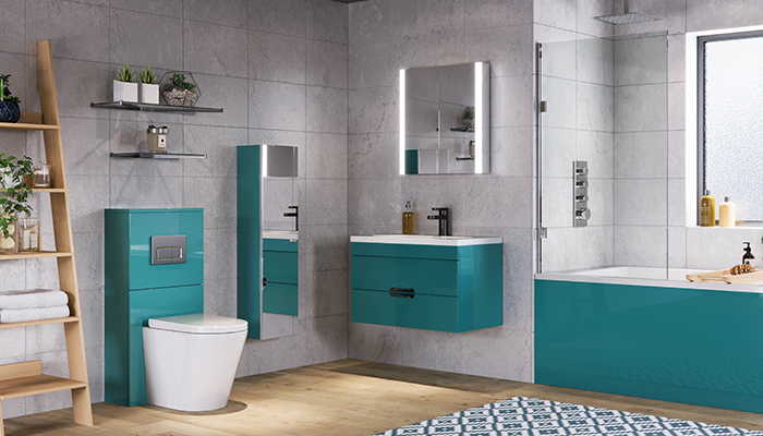 The Tribeca door from Mereway's new Urban Living collection is pictured in Aqua Blue Gloss