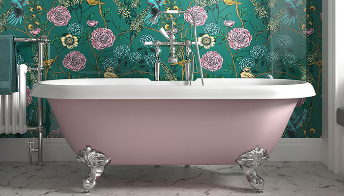 The Vintage Birds wall panelling design is from Showerwall’s Custom Collection