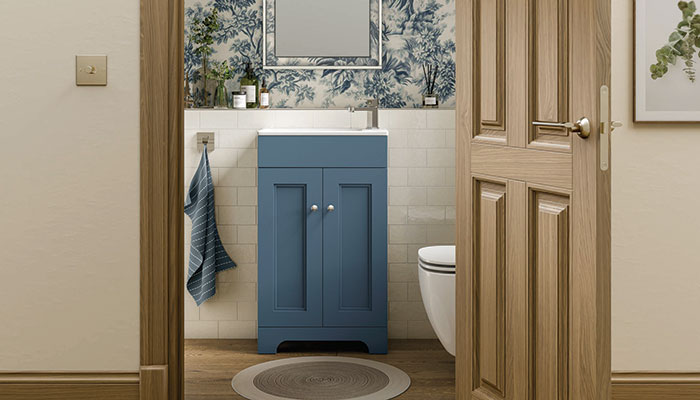 HiB’s floorstanding Kingsbury cloakroom unit is shown in Henley Blue