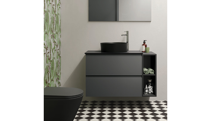 Seen here in Urban Grey, the RAK-Joy vanity unit from RAK Ceramics is combined with matt black basin and WC from the RAK-Feeling range