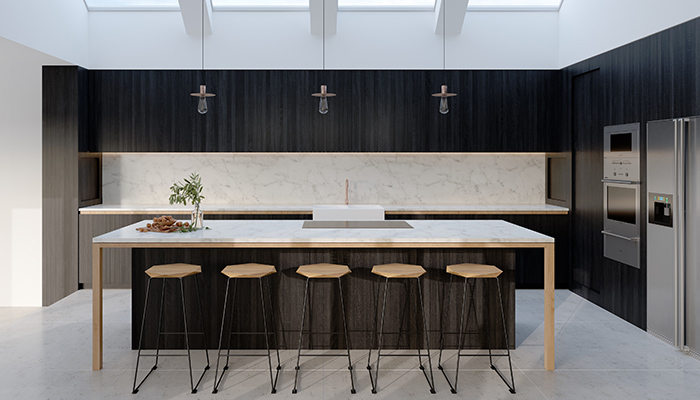 Distressed stained oak and oiled ash kitchen designed for a modern family home in Islington