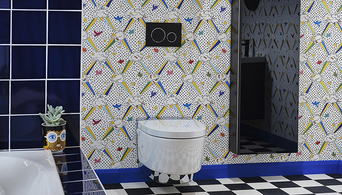 Geberit’s AquaClean Mera shower toilet takes pride of place in this colourful bathroom design styled by Sophie Robinson