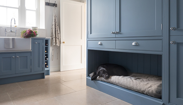Handpainted Shaker cabinetry with an integrated dog bed by Searle & Taylor. Photo by Paul Craig