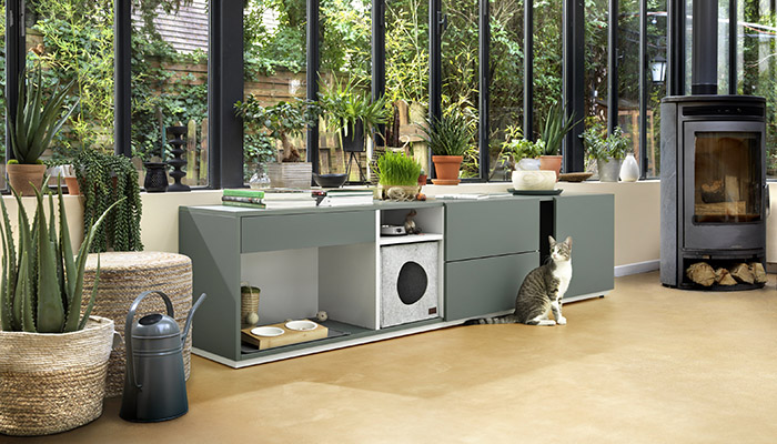 The Nagoya unit in Sencha Green from Schmidt houses everything this feline needs