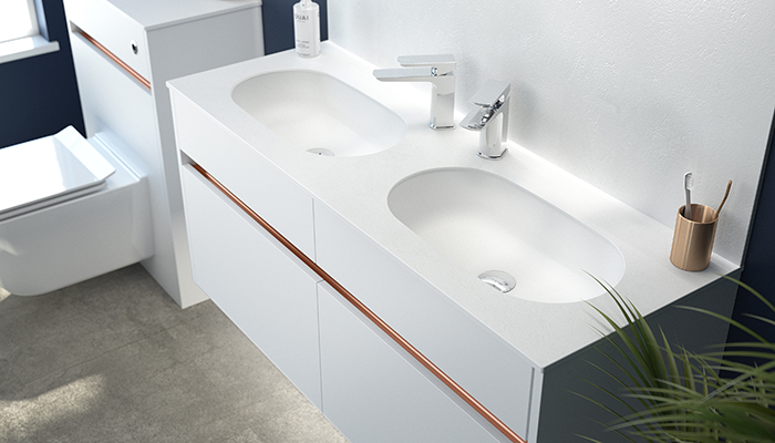 Coralux solid surface undermount basins top Utopia’s Contemporary Fitted furniture in Flat White and Copper