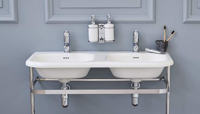 With curvaceous edges, Clearwater’s new roll top basins, made from Natural Stone, include this 1000mm-wide double basin with stainless steel stand