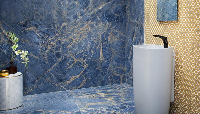 Marble Nouveau by Roca is a polished marble-effect porcelain in vibrant blue that comes in a 1200 x 1200mm format