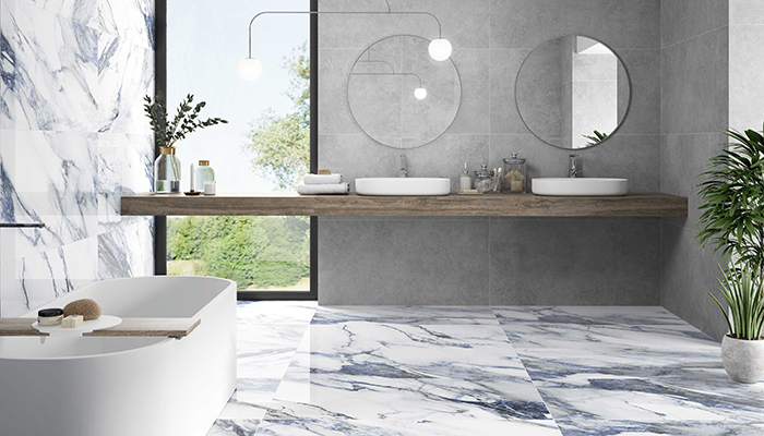 Pamesa's CR Arno tile in Azurro comes in five formats – 1200 x 1200mm, 600 x 1200mm, 750 x 1500mm, 900 x 900mm and 300 x 300mm