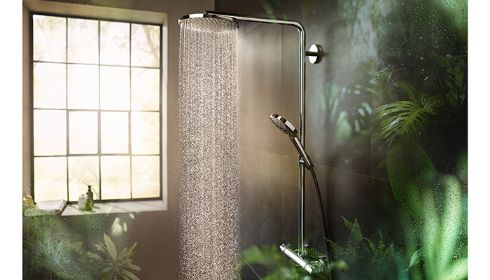 Hansgrohe’s Raindance Select shower with built-in EcoSmart technology to consume up to 60% less water than conventional products, with less energy required to heat the water, and AirPower aerated water to deliver the same quality of shower
