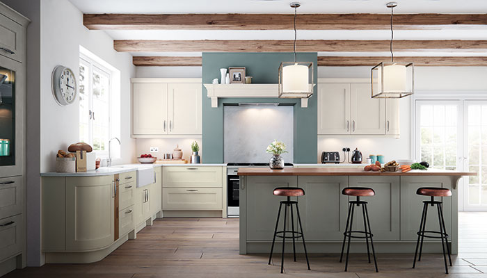 Caple’s Genoa kitchen, shown in Cloud and Pebble, features a range of colours for maximum versatility
