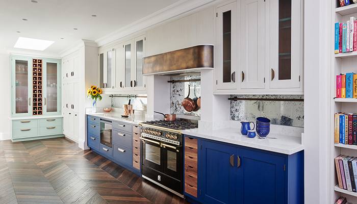 The Ledbury Shaker kitchen hand painted in off-white, brown, pale-green and deep blue