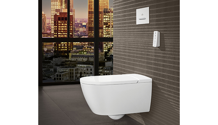 The ViClean-1 100 from Villeroy & Boch uses a HarmonicWave jet, which moves back and forward in a lateral wave motion. An app or remote control allows uses to personalise a variety of settings