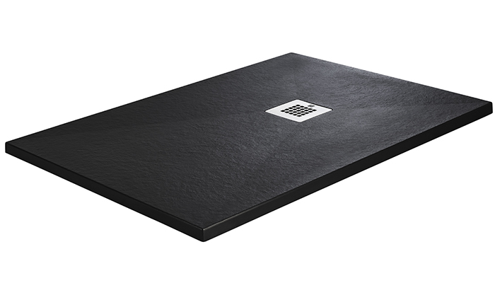 The JT Naturals range has a textured surface and is inspired by Yorkshire landscapes – shown here is the black shower tray with rectangular silver waste