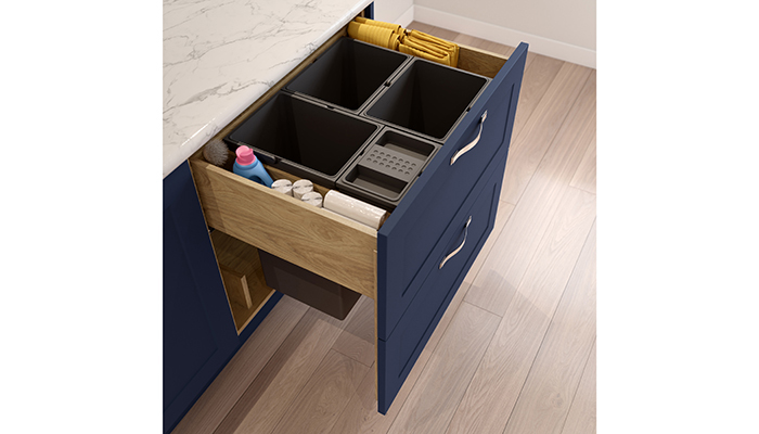 The Masterclass Kitchens’ VelaBin, shown in Portland Oak, measures 800mm wide and has a 104litre waste storage capacity, with 42litres of additional storage within the cabinet