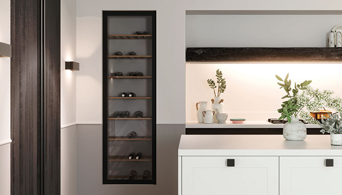 The Rotpunkt red wine and mixer unit has integrated lighting and the option of 20mm or 50mm Black Frame Chimney glass door