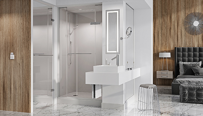 Roman Shower Enclosure with clear glass and Corian column, Matt Grey Anti-Slip Solid Surface Tray, and integrated Solid Surface Vanity Basin unit with illuminated mirror and mirrored side panel