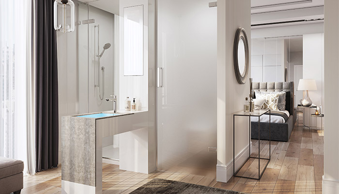 Roman Hinged Shower Door with Corian column, Anti-Slip Solid Surface Tray, and frosted Toilet Enclosure with chrome hardware, plus an integrated Solid Surface illuminated Vanity Basin unit with concrete-effect panel and mirror