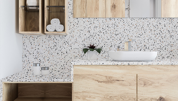 Here Staron’s Terrazzo Venezia surface has been thermoformed form a seamless and striking worktop and splashback 