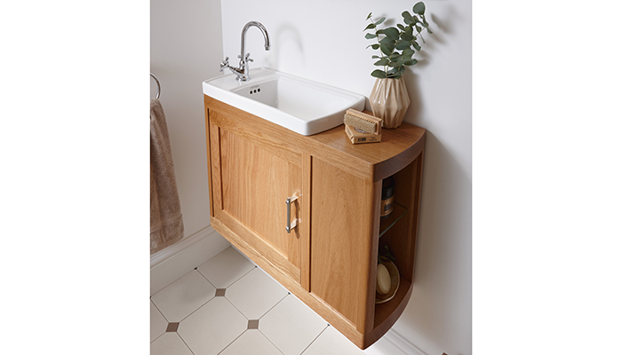 The Thurlestone offset cloak vanity unit from Imperial Bathrooms has a depth of just 260mm and extra shelving to one side