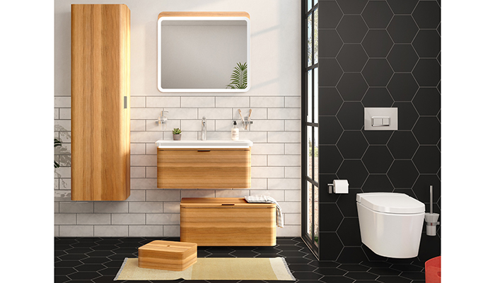 In this scheme with VitrA’s Nest Trendy range, the wall-hung element allows room under the vanity unit for extra storage that would otherwise be wasted 