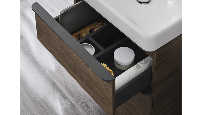 Drawer dividers inside Geberit’s compact Style 600mm washbasin unit help keep items organised