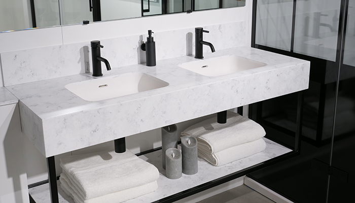Roman’s fabricated solid surface vanity tops can be made in a choice of colours and marble-effect finishes