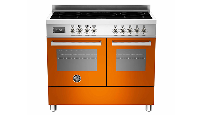 The Bertazzoni Professional Series range cooker PRO100 5I MFE D ART is shown in eye-catching orange