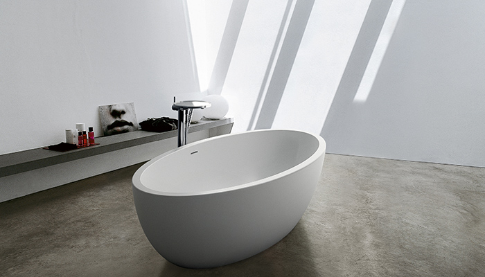 The Pebble, made from Sentec, is a centrepiece design intended to be the focus of a bathroom design