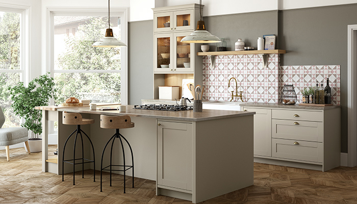 Masterclass Kitchens Shelford kitchen in Highland Stone is pictured with glazed cabinets and open shelving