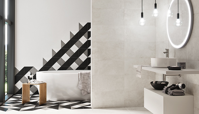 This monochrome bathroom scheme shows Roca’s Casablanca Spice 20 x 20cm porcelain wall and floor tiles