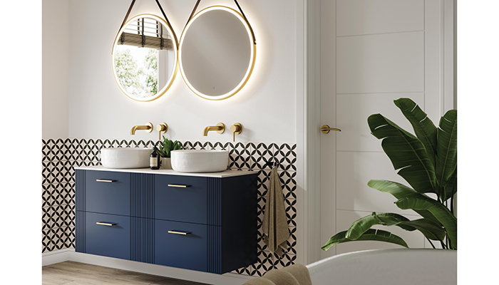 New Fabrica Midnight Blue furniture with Solstice illuminated mirrors in new Brushed Brass finish