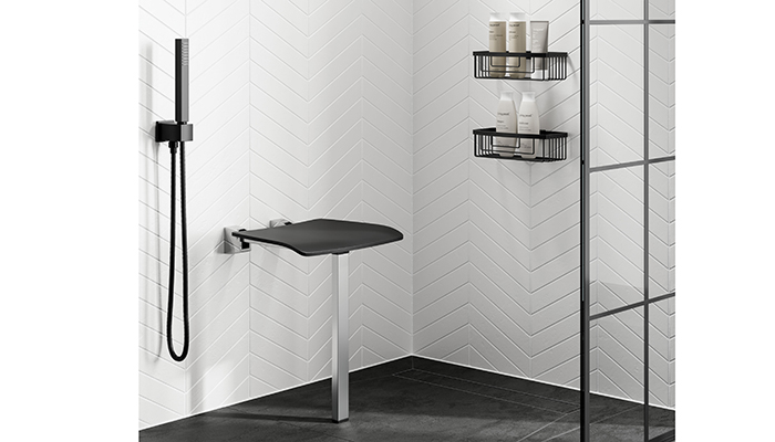 HiB’s newly expanded accessories range includes multigenerational products, such as this shower seat with support leg, designed to hold up to 23 stone (150kg)