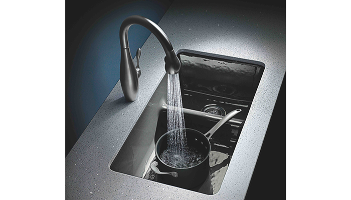 Kohler’s IronTones undermount cast iron sink is shown here in Thunder Grey