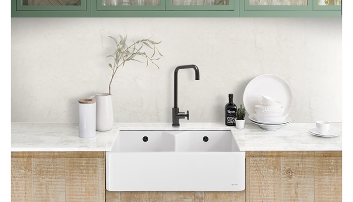 Caple’s Chepstow ceramic double sink has a vintage look and comes with the Hygiene Finish antibacterial glaze, which is said to reduce surface bacteria by 99%
