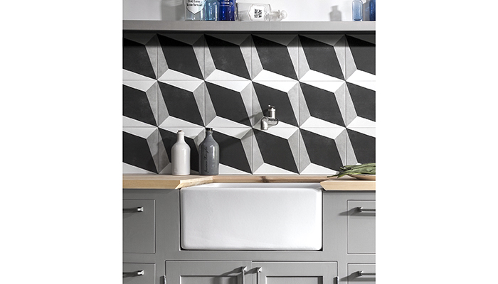 The square glazed porcelain Cuban Black Block wall and floor tile from CTD Tiles can be used to create various striking designs, including this zig-zag pattern