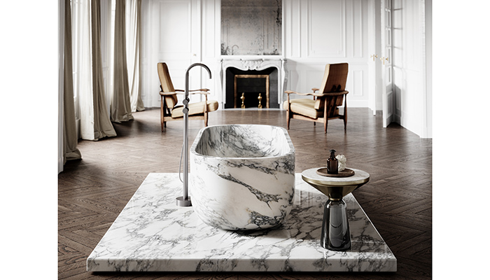 From the new Lusso Pietra collection, the Designo bath in Arabescato marble