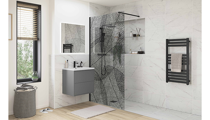 PJH’s Bathrooms to Love Reflexion 8 wetroom panel with black leaves