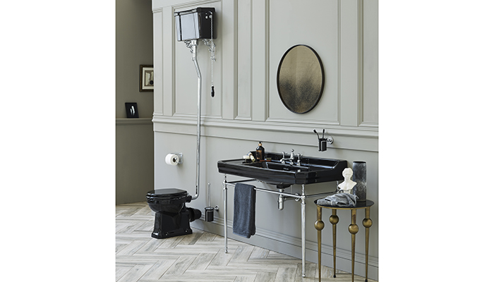 Burlington’s Jet standard high-level WC and Jet Edwardian 1200mm basin with chrome basin stand