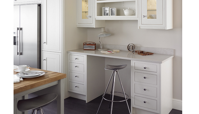 Daval’s Bramham kitchen is a modern Shaker in-frame design, shown here in Porcelain with an integrated office hub