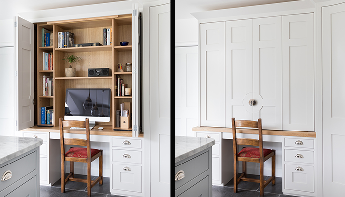 This design by Searle & Taylor features a set of pocket doors on a bi-fold system – the doors feature carved semi-circles with semi-circular handles to complement the rest of the cabinetry.  Photos by Paul Craig