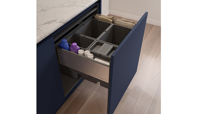 VelaBin by Masterclass Kitchens shown in Legrabox R-Design, 700mm wide with 80L of waste storage and 68L additional storage within the cabinet. 