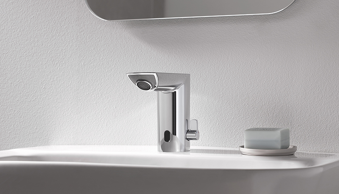 Grohe’s Bau Cosmo E infra-red bathroom tap sensor detects hand movement so the water only flows when it’s needed saving both water and energy