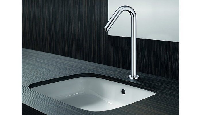 The sensor in the shaft of Toto’s touch-free faucets is almost invisible and can easily and precisely activated by hand movements