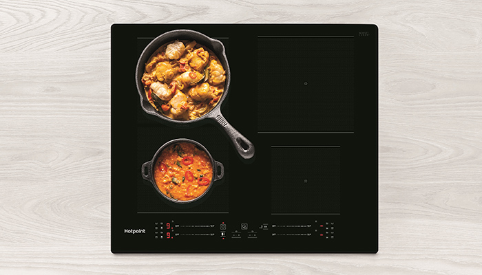 The Hotpoint induction hob (TS 5760F NE) benefits from automatic functions, flexible cooking zones and 18 power levels