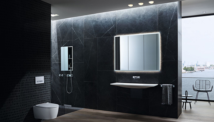Bathroom with Geberit One products, including the mirror cabinet that 'disappears' into the wall