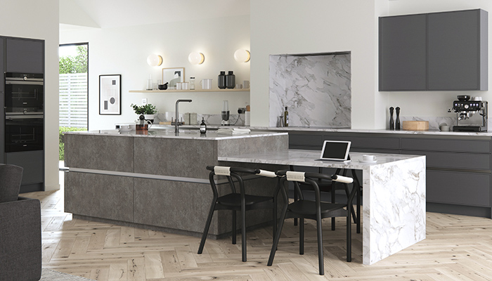 Mereway Kitchens’ Cucina Colore collection, with Futura Ely in Gun Metal Grey and Q-Line in Pietra Ceramica