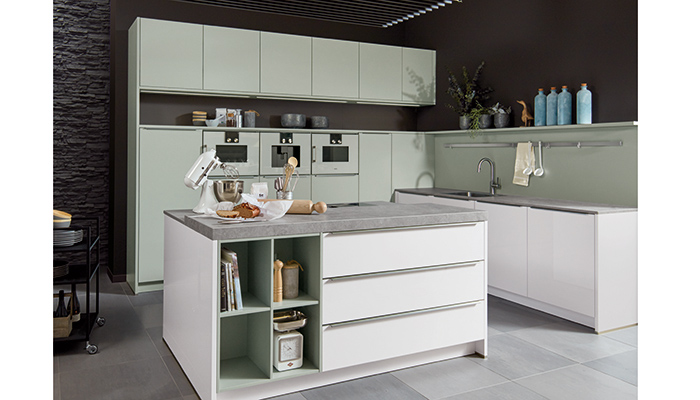 New matt lacquer Grey-Green and gloss Super White doors on the Proline 128 kitchen furniture range