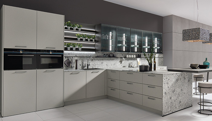 New Platinum Grey Ultra Matt door finish, combined with Black matt on the Proline 128 kitchen furniture range