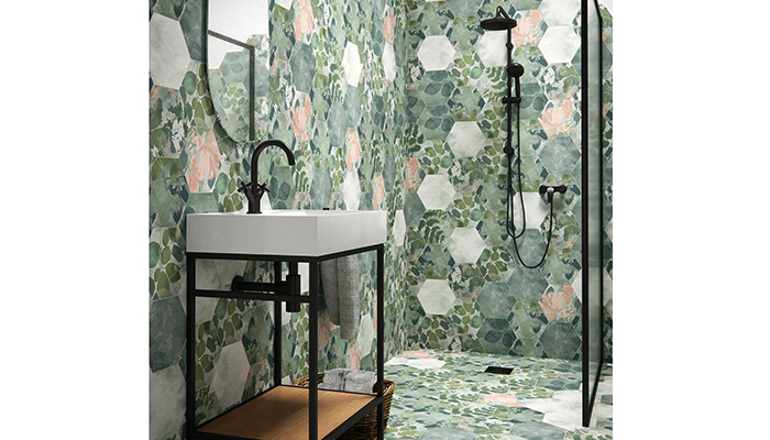 Woodland Glade is inspired by the seasonal flora of the Winkworth Arboretum near Godalming in Surrey – it is a selection of botanical printed tiles in a hexagonal design