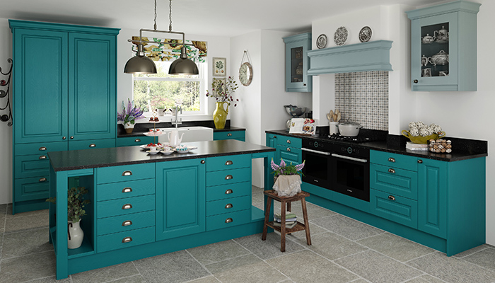 From the new Painted Fusions range, Ashton kitchen in Ocean Green and Sage